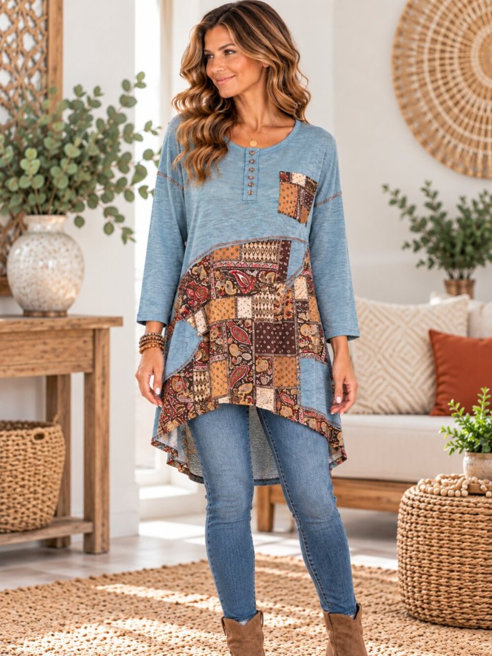 POL Patchwork Tunic Henley High Low Blue Brown Boho Small